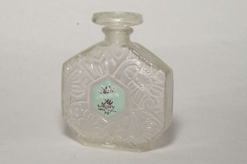 Parfums Flacon de parfum vide en verre MURY Jasmin 70 °</br>vide bouchon verre hauteur 6.5 cm environ bouchon émerisé en parfait état</br>port en sus