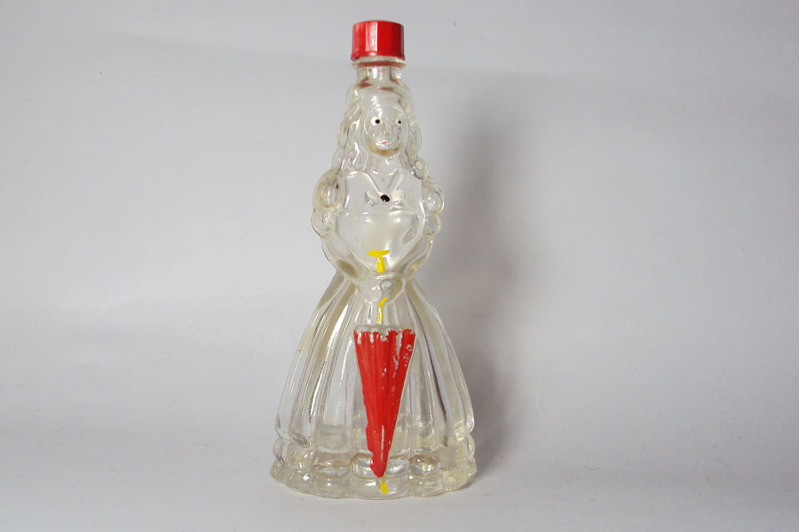 Flacon figuratif  " Dame  avec parapluie " Bouchon bakelite rouge hauteur  10.5 cm  de Divers 